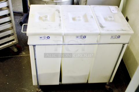 Faribo P434 3-Compartment White Ingredient Bin Assembly With Covers On Steel Framed Cart With Casters. CAPACITIES: Each bin can hold 75 Lbs. of Sugar, 55 Lbs. of Flour or 12 Gallons of Liquids. Individual Bin Dimensions: 14-5/8" x 9-1/4" x 23" 
Overall Dimensions: 33-1/2" x 16-1/2" x 28-1/4"