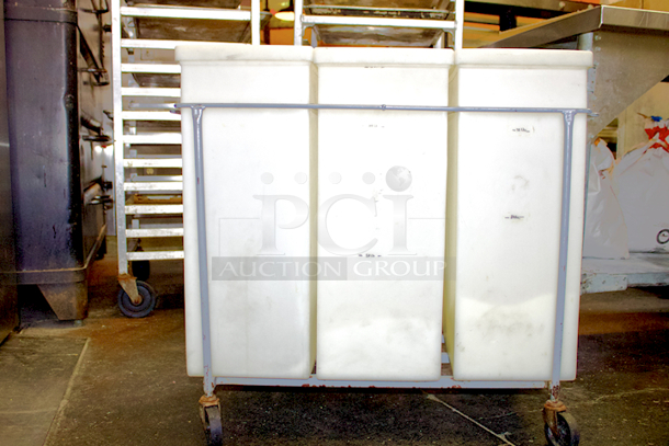Faribo P434 3-Compartment White Ingredient Bin Assembly With Covers On Steel Framed Cart With Casters. CAPACITIES: Each bin can hold 75 Lbs. of Sugar, 55 Lbs. of Flour or 12 Gallons of Liquids. Individual Bin Dimensions: 14-5/8" x 9-1/4" x 23" 
Overall Dimensions: 33-1/2" x 16-1/2" x 28-1/4" - Image 3 of 6