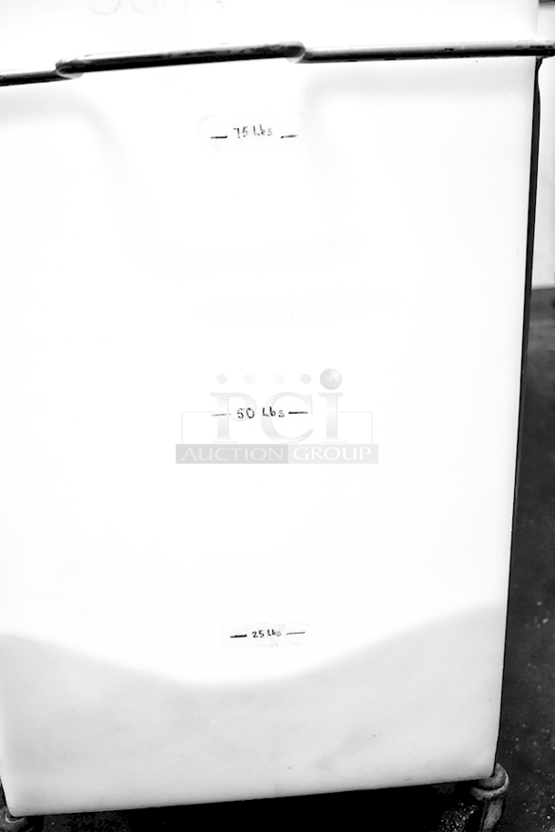 Faribo P434 3-Compartment White Ingredient Bin Assembly With Covers On Steel Framed Cart With Casters. CAPACITIES: Each bin can hold 75 Lbs. of Sugar, 55 Lbs. of Flour or 12 Gallons of Liquids. Individual Bin Dimensions: 14-5/8" x 9-1/4" x 23" 
Overall Dimensions: 33-1/2" x 16-1/2" x 28-1/4" - Image 6 of 6