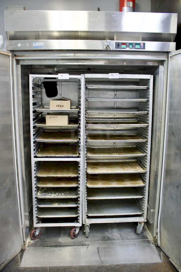 Hobart Baxter HBP2 2-Door Roll In Proofer Box, Room For (2) Single Racks, Equipped With Digital Temp, Humidity and Timer Controls. 89-3⁄8"H x 35-3⁄8"D” x 60"W, 208-240Volt 60Hz 1PH 20AMP 800lbs 
**Racks not included, for demonstration only** - Image 4 of 7