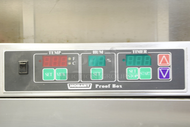 Hobart Baxter HBP2 2-Door Roll In Proofer Box, Room For (2) Single Racks, Equipped With Digital Temp, Humidity and Timer Controls. 89-3⁄8"H x 35-3⁄8"D” x 60"W, 208-240Volt 60Hz 1PH 20AMP 800lbs 
**Racks not included, for demonstration only** - Image 7 of 7