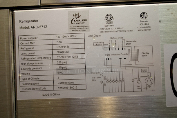 WORKS PERFECT! Cooler Depot ARC-571Z Refrigerated Cake Showcase Bakery Cooling Display On Commercial Casters. Tested. In Perfect Working Order. 110-120V~ /60Hz 7.7Amps Refrigeration temperature: 32-53.6'F (0-12°C) - Image 6 of 9