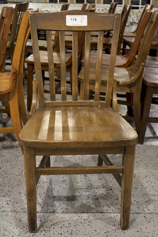 SOLID CRAFTSMANSHIP! Set Of 4 Wooden Ladder Back Chairs. 
18x13x35
some chairs are darker than others. 
