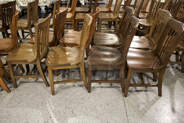 SOLID CRAFTSMANSHIP! Set Of 4 Wooden Ladder Back Chairs. 
18x13x35
some chairs are darker than others.  - Image 5 of 5