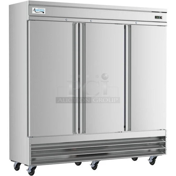 BRAND NEW SCRATCH AND DENT! 2023 Avantco 178SS3FHC Stainless Steel Commercial 3 Door Reach In Freezer w/ Poly Coated Racks on Commercial Casters. 115 Volts, 1 Phase.  Tested and Working! - Image 1 of 7