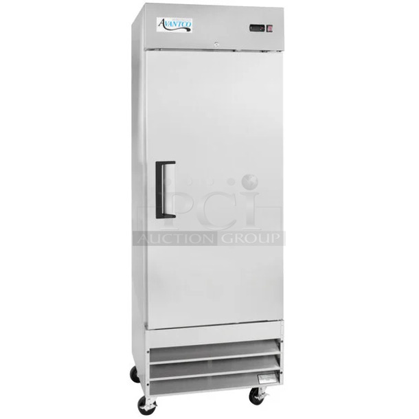 BRAND NEW SCRATCH AND DENT! 2023 Avantco 178A19RHC Stainless Steel Commercial Single Door Reach In Cooler w/ Poly Coated Racks. 115 Volts, 1 Phase.  Tested and Working! - Image 1 of 7
