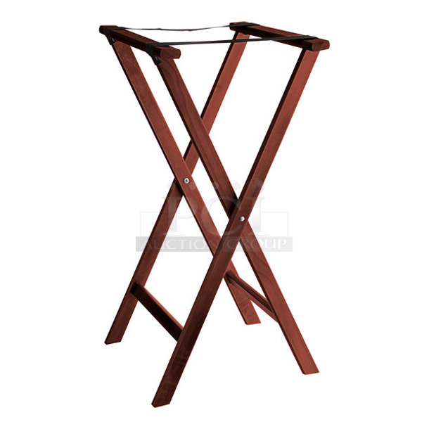 6 BRAND NEW SCRATCH AND DENT! Lancaster Table & Seating 371TS32RDBRN 18 1/2" x 16 1/4" x 32" Folding Wood Tray Stand Mahogany. 6 Times Your Bid! - Image 1 of 7