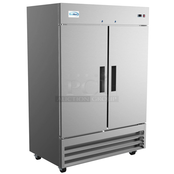 BRAND NEW SCRATCH AND DENT! 2023 KoolMore RIF-2D-SS Stainless Steel Commercial 2 Door Reach In Freezer w/ Poly Coated Racks on Commercial Casters. 115 Volts, 1 Phase. Tested and Working! - Image 1 of 8