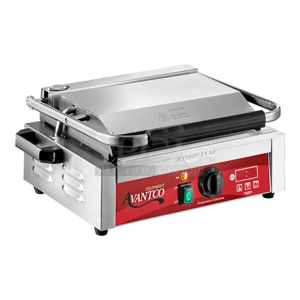 BRAND NEW SCRATCH AND DENT! Avantco PG200ST Commercial Panini Sandwich Grill with Timer, Smooth Plates, and 13 3/8" x 8 3/4" Cooking Surface. 120 Volts, 1 Phase. Tested and Working! - Image 1 of 5
