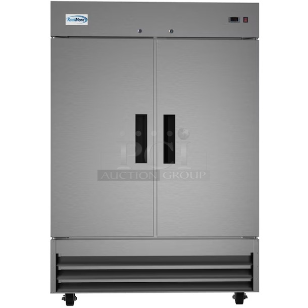 BRAND NEW SCRATCH AND DENT! 2023 KoolMore RIR-2D-SS Stainless Steel Commercial 2 Door Reach In Cooler w/ Poly Coated Racks. 115 Volts, 1 Phase. Tested and Working! - Image 1 of 8