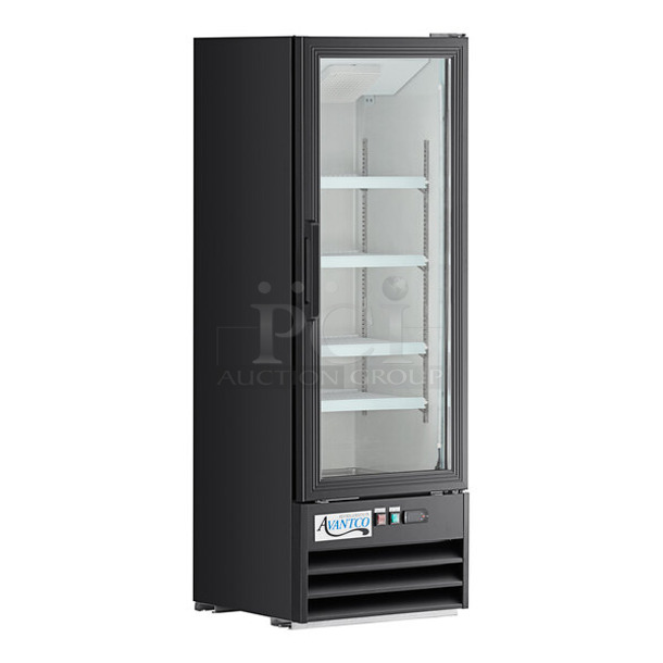 BRAND NEW SCRATCH AND DENT! 2023 Avantco 178GDC10HCB Stainless Steel Commercial Single Door Reach In Cooler Merchandiser w/ Poly Coated Racks. 115 Volts, 1 Phase.  Tested and Working! - Image 1 of 6
