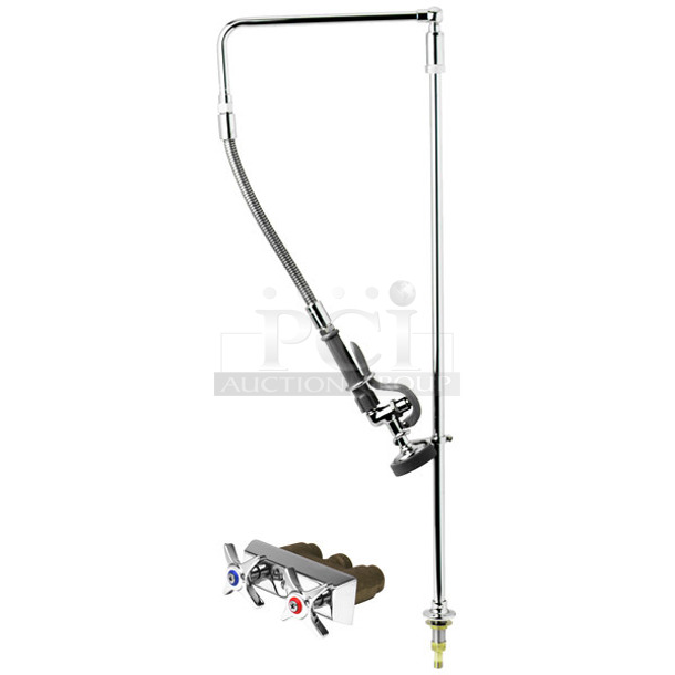 BRAND NEW SCRATCH AND DENT! T&S 510B0141 Deck Mounted 35 3/4" High Pre-Rinse Faucet with Concealed Base, 4-Arm Handles, Swivel Arm, and 20" Hose - Image 1 of 6