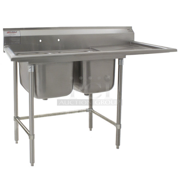 BRAND NEW SCRATCH AND DENT! Eagle S14-20-2-18R-SL Stainless Steel Commercial 2 Bay Sink w/ Right Drain Board. No Legs. Bays 20x20x14. Drain Boards 18x23 - Image 1 of 5
