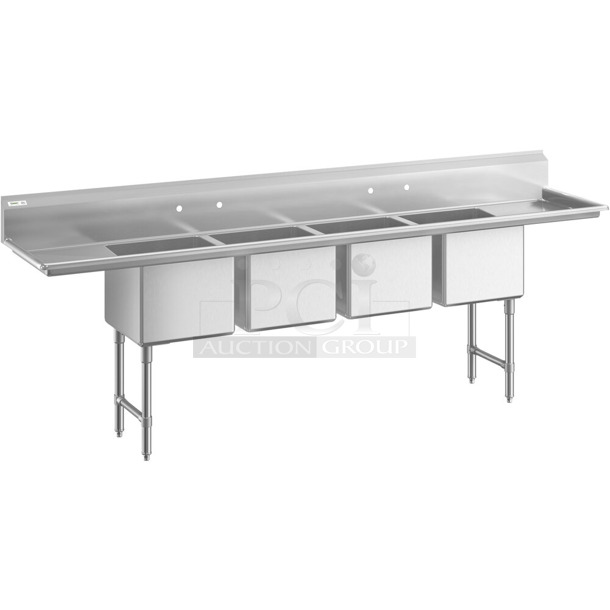 BRAND NEW SCRATCH AND DENT! Regency 600S41818218 Stainless Steel Commercial 4 Bay Sink w/ Dual Drain Boards. No Legs. Bays 18x18x14. Drain Boards 16.5x19.5 - Image 1 of 6