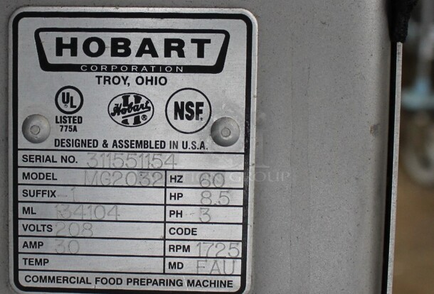 2018 Hobart MG2032 Metal Commercial Floor Style Electric Powered Meat Grinder w/ Foot Pedal on Commercial Casters. 208 Volts, 3 Phase. - Image 8 of 8
