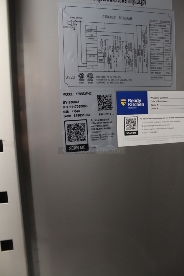 BRAND NEW SCRATCH AND DENT! 2023 Avantco 178SS3FHC Stainless Steel Commercial 3 Door Reach In Freezer w/ Poly Coated Racks on Commercial Casters. 115 Volts, 1 Phase.  Tested and Working! - Image 7 of 7
