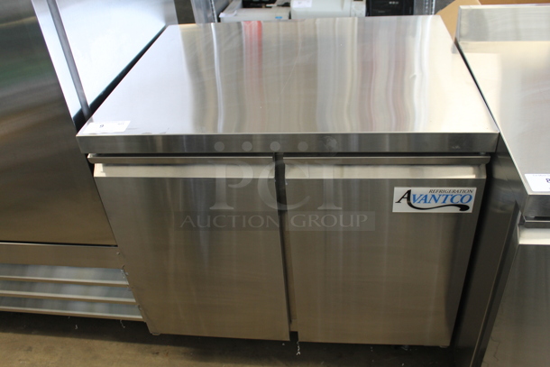 BRAND NEW SCRATCH AND DENT! 2023 Avantco 178SSUC36RHC Stainless Steel Commercial 2 Door Work Top Cooler on Commercial Casters. 115 Volts, 1 Phase.  Tested and Working! - Image 2 of 5