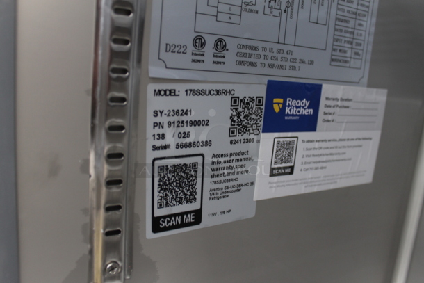 BRAND NEW SCRATCH AND DENT! 2023 Avantco 178SSUC36RHC Stainless Steel Commercial 2 Door Work Top Cooler on Commercial Casters. 115 Volts, 1 Phase.  Tested and Working! - Image 5 of 5
