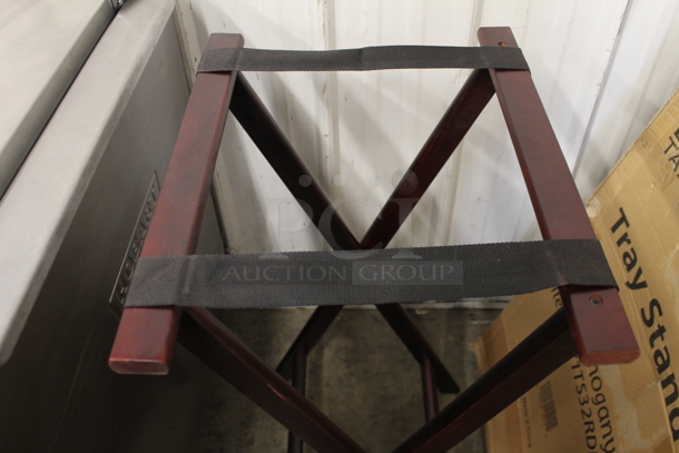 6 BRAND NEW SCRATCH AND DENT! Lancaster Table & Seating 371TS32RDBRN 18 1/2" x 16 1/4" x 32" Folding Wood Tray Stand Mahogany. 6 Times Your Bid! - Image 6 of 7