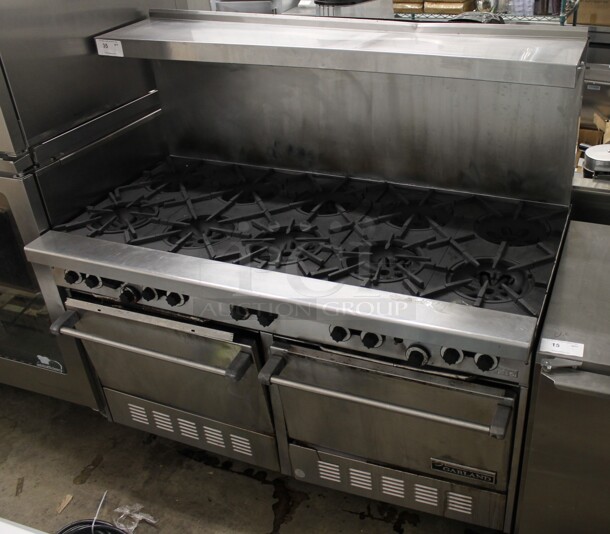 Garland Stainless Steel Commercial Natural Gas Powered 10 Burner Range w/ 2 Ovens, Over Shelf and Back Splash.  - Image 1 of 5