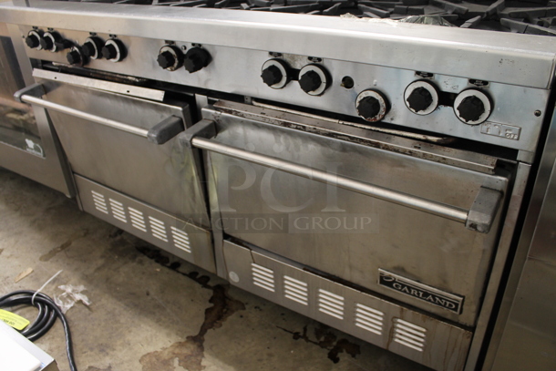 Garland Stainless Steel Commercial Natural Gas Powered 10 Burner Range w/ 2 Ovens, Over Shelf and Back Splash.  - Image 3 of 5