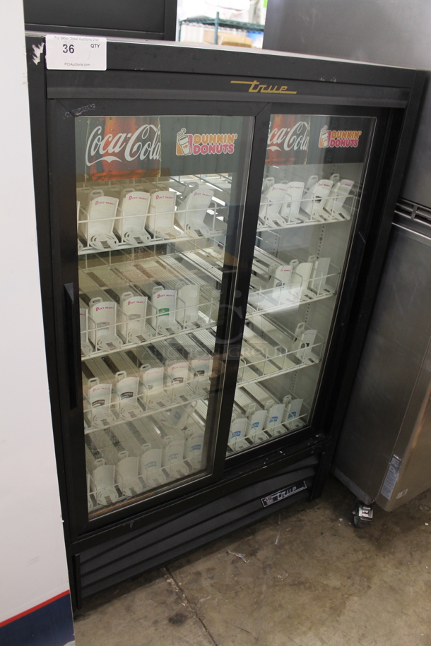 True GDM33CPT Metal Commercial 2 Door Reach In Pass Through Cooler Merchandiser w/ Poly Coated Racks and Drink Sliders. 115 Volts, 1 Phase. Tested and Working! - Image 1 of 3