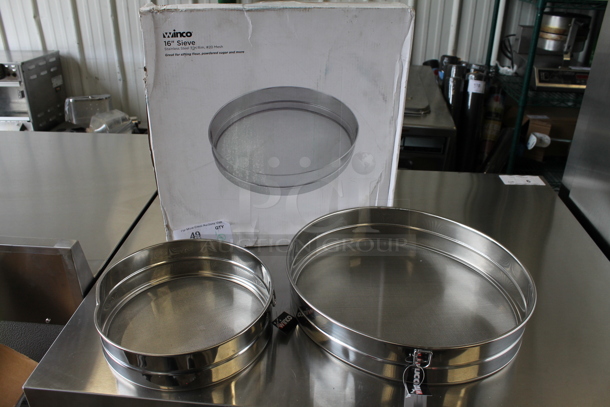 3 BRAND NEW SCRATCH AND DENT! Winco Stainless Steel Sieves; 10", 14", 16". 3 Times Your Bid!  - Image 1 of 7