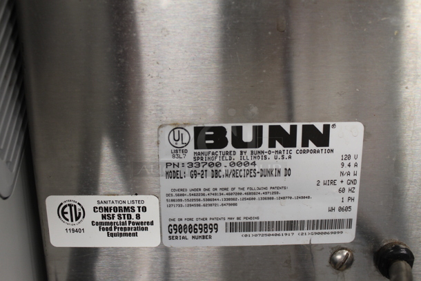 Bunn G9-2T DBC Stainless Steel Commercial Coffee Bean Grinder. 120 Volts, 1 Phase. Tested and Working!  - Image 6 of 6
