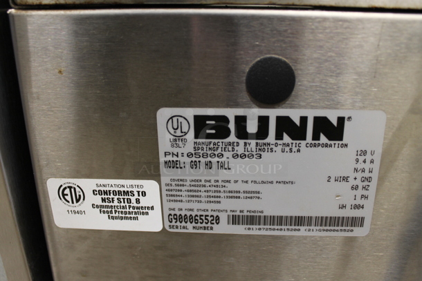 Bunn G9-T HD TALL Stainless Steel Commercial Coffee Bean Grinder. 120 Volts, 1 Phase. Tested and Working! - Image 5 of 5