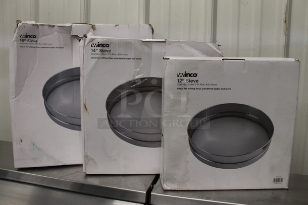 3 BRAND NEW IN BOX! Winco Stainless Steel Sieves; 12", 14", 16". 3 Times Your Bid! - Image 1 of 11