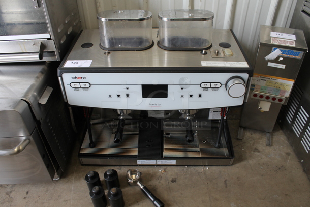 Schaerer Barista Metal Commercial Countertop 2 Group Espresso Machine w/ 3 Portafilters, 2 Hoppers and 2 Steam Wands. 208/240 Volts, 1 Phase.
 - Image 1 of 9