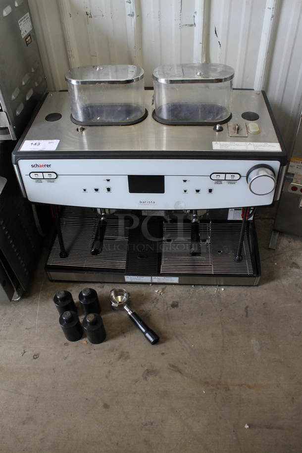 Schaerer Barista Metal Commercial Countertop 2 Group Espresso Machine w/ 3 Portafilters, 2 Hoppers and 2 Steam Wands. 208/240 Volts, 1 Phase.
 - Image 2 of 9