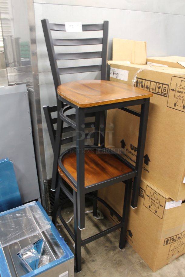 2 BRAND NEW SCRATCH AND DENT! Black Metal Bar Height Chairs w/ Wooden Seat. 2 Times Your Bid! - Image 3 of 3
