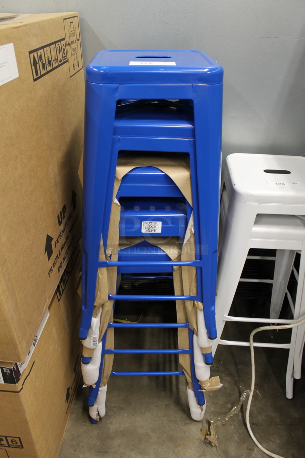 5 BRAND NEW SCRATCH AND DENT! Blue Metal Tolix Style Bar Stool. 5 Times Your Bid! - Image 1 of 4