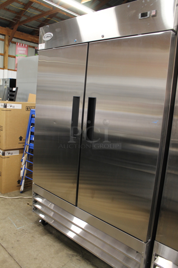 BRAND NEW SCRATCH AND DENT! 2023 KoolMore RIF-2D-SS Stainless Steel Commercial 2 Door Reach In Freezer w/ Poly Coated Racks on Commercial Casters. 115 Volts, 1 Phase. Tested and Working! - Image 2 of 8