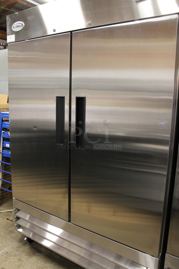 BRAND NEW SCRATCH AND DENT! 2023 KoolMore RIF-2D-SS Stainless Steel Commercial 2 Door Reach In Freezer w/ Poly Coated Racks on Commercial Casters. 115 Volts, 1 Phase. Tested and Working! - Image 4 of 8