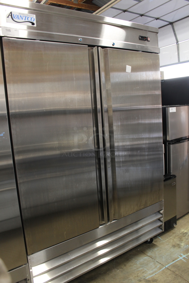 BRAND NEW SCRATCH AND DENT! 2023 Avantco 178SS2RHC Stainless Steel Commercial 2 Door Reach In Cooler w/ Poly Coated Racks on Commercial Casters. 115 Volts, 1 Phase.  Tested and Working! - Image 2 of 8