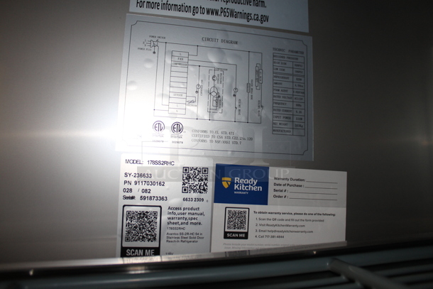 BRAND NEW SCRATCH AND DENT! 2023 Avantco 178SS2RHC Stainless Steel Commercial 2 Door Reach In Cooler w/ Poly Coated Racks on Commercial Casters. 115 Volts, 1 Phase.  Tested and Working! - Image 7 of 8