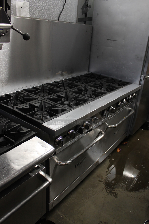 Black Diamond Stainless Steel Commercial Natural Gas Powered 10 Burner Range w/ 2 Ovens and Back Splash.  - Image 1 of 8