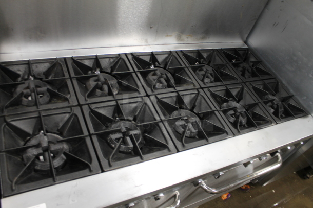Black Diamond Stainless Steel Commercial Natural Gas Powered 10 Burner Range w/ 2 Ovens and Back Splash.  - Image 3 of 8