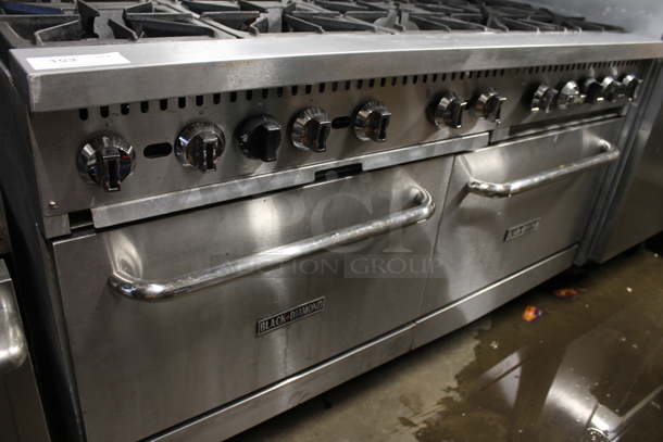 Black Diamond Stainless Steel Commercial Natural Gas Powered 10 Burner Range w/ 2 Ovens and Back Splash.  - Image 4 of 8
