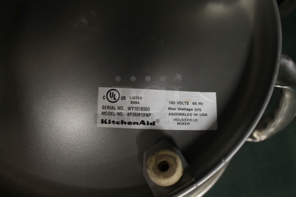 KitchenAid KP26M1XNP Metal Countertop 6 Quart Planetary Dough Mixer w/ Mixing Bowl, Paddle, Whisk and Dough Hook Attachments. 120 Volts, 1 Phase. Tested and Does Not Power On - Image 6 of 6
