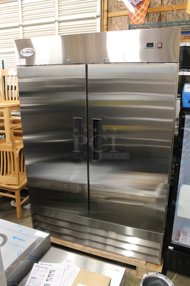 BRAND NEW SCRATCH AND DENT! 2023 KoolMore RIR-2D-SS Stainless Steel Commercial 2 Door Reach In Cooler w/ Poly Coated Racks. 115 Volts, 1 Phase. Tested and Working! - Image 2 of 8