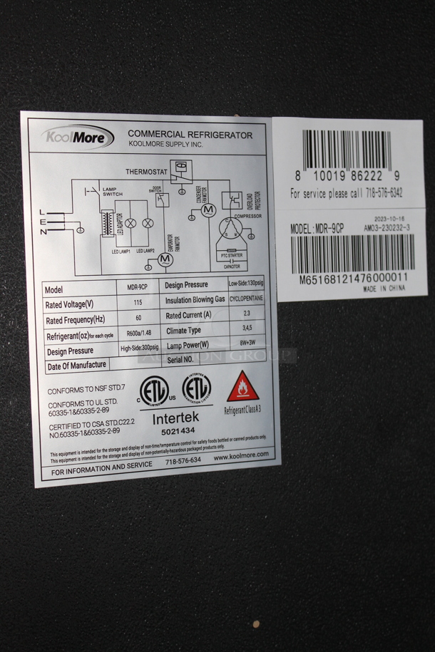 BRAND NEW SCRATCH AND DENT! KoolMore MDR-9CP Metal Commercial Single Door Reach In Cooler Merchandiser w/ Poly Coated Racks. 115 Volts, 1 Phase. Tested and Working! - Image 5 of 5