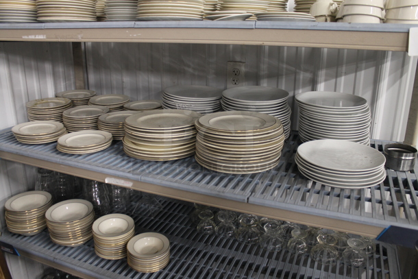 ALL ONE MONEY! Lot of Contents of Shelving Unit Including Plates, Bowls and Glasses. Does Not Include Shelving Unit.  - Image 3 of 9