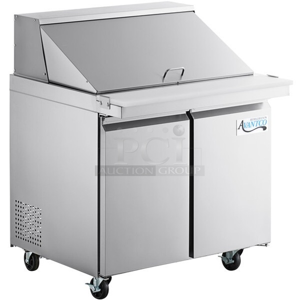 BRAND NEW SCRATCH AND DENT! 2023 Avantco 178SSPT36MHC Stainless Steel Commercial Sandwich Salad Prep Table Bain Marie Mega Top on Commercial Casters. 115 Volts, 1 Phase. Tested and Powers On But Does Not Get Cold - Image 1 of 8