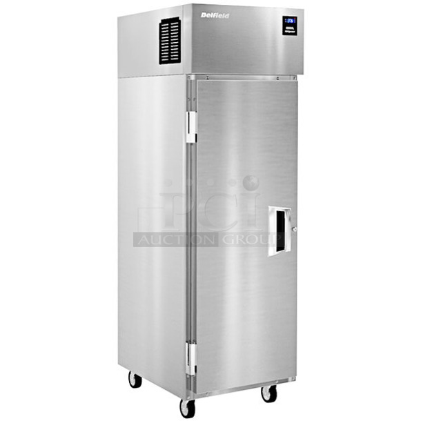 BRAND NEW SCRATCH AND DENT! 2023 Delfield 6025XL-S Stainless Steel Commercial Single Door Reach In Cooler w/ Poly Coated Racks. See Pictures For Damage. 115 Volts, 1 Phase. Tested and Powers On But Does Not Get Cold - Image 1 of 8