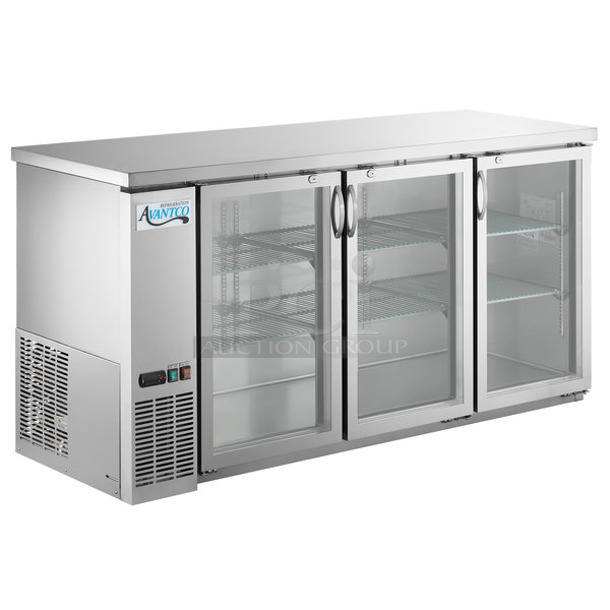 BRAND NEW SCRATCH AND DENT! 2023 Avantco 178UBB72GHCS UBB-72G-HC-S 73" Stainless Steel Counter Height Narrow Glass Door Back Bar Refrigerator Merchandiser with LED Lighting. 115 Volts, 1 Phase. Tested and Working! - Image 1 of 9