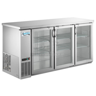 BRAND NEW SCRATCH AND DENT! 2023 Avantco 178UBB72GHCS UBB-72G-HC-S 73" Stainless Steel Counter Height Narrow Glass Door Back Bar Refrigerator Merchandiser with LED Lighting. 115 Volts, 1 Phase. Tested and Working!