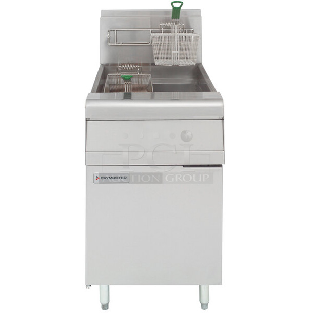 BRAND NEW SCRATCH AND DENT! 2023 Frymaster MJ1CFSE Stainless Steel Commercial Floor Style 60-80 lb. Capacity Propane Gas Powered Deep Fat Fryer w/ 2 Metal Fry Baskets. 150,000 BTU.  - Image 1 of 8